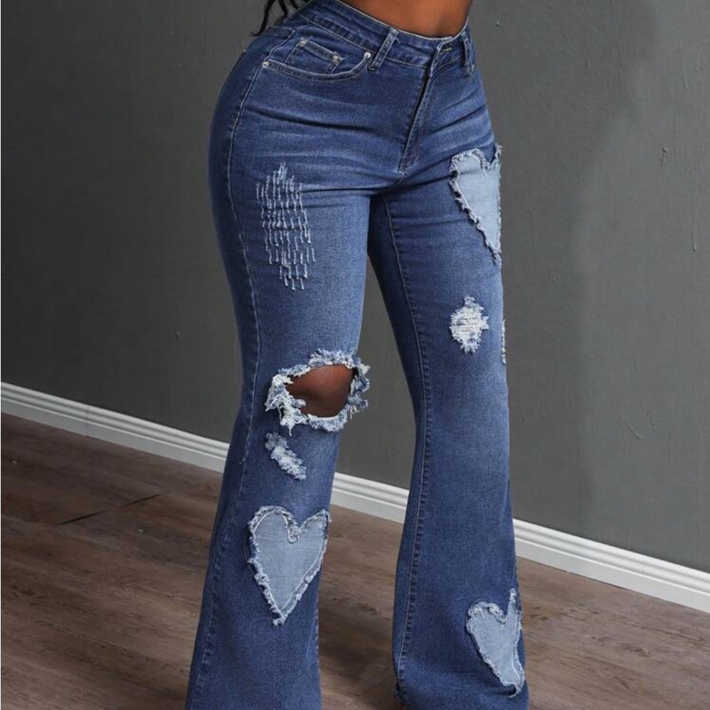 SHEIN Blue Heart Patch Flare Jeans